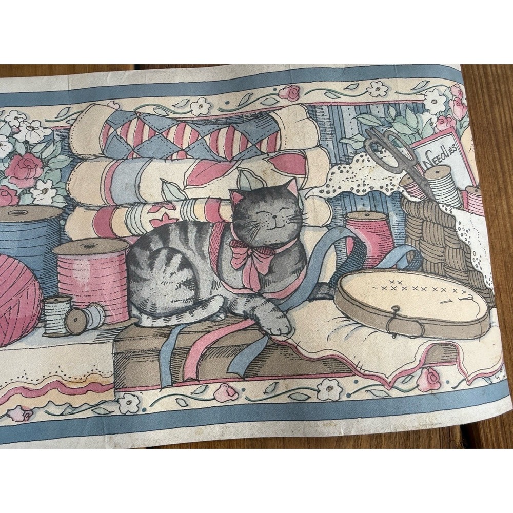 Vintage Wallpaper Wall Border Country Granny Cat Kittens Sewing 7"x 7-10? Yards